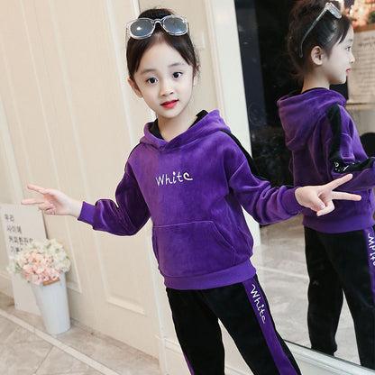 Girls plus velvet suit 2024 new winter clothes stylish children's medium and large children's thickened fashionable hooded two-piece suit trendy