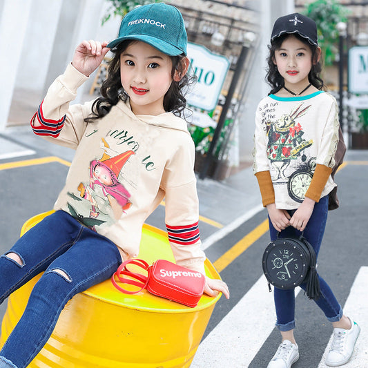 Children's clothing girls T-shirt 2024 new spring long-sleeved T-shirt children's Korean version printed trendy tops medium and large children's bottoming shirt