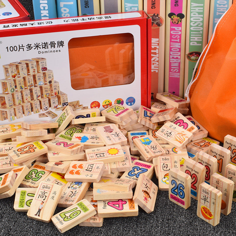 Hot selling double-sided rounded corner 100 word domino wooden building blocks children's toys educational early education toys