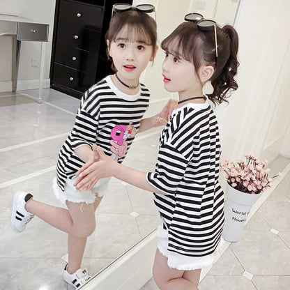 Girls short-sleeved T-shirt 2024 new summer clothes for children, middle and large children, fashionable T-shirt pullover knitted cotton sweater tops