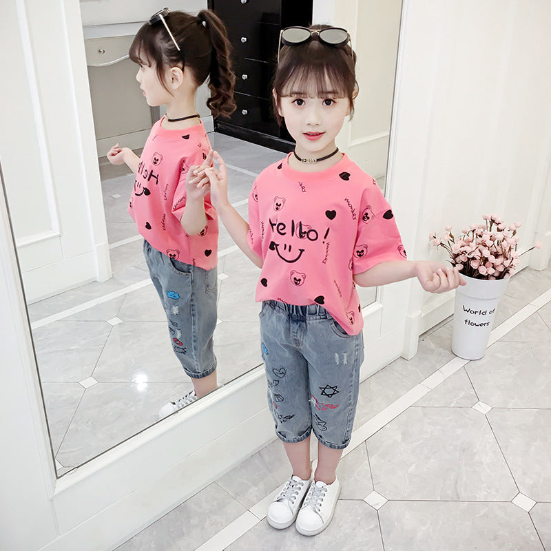 Girls T-shirt 2024 new summer clothes for middle and large children's stylish short-sleeved tops for girls cartoon loose printed T-shirt trend