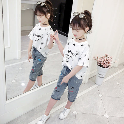 Girls T-shirt 2024 new summer clothes for middle and large children's stylish short-sleeved tops for girls cartoon loose printed T-shirt trend