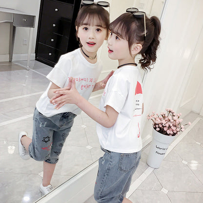 Girls T-shirt 2024 summer new style girls round neck short-sleeved T-shirt children's printed loose top pullover trend