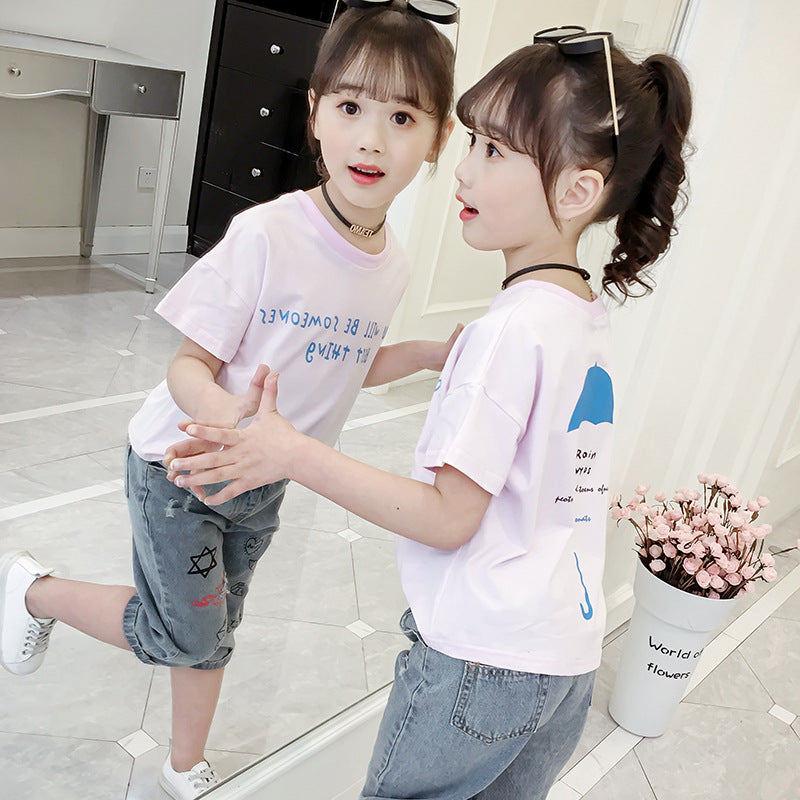 Girls T-shirt 2024 summer new style girls round neck short-sleeved T-shirt children's printed loose top pullover trend