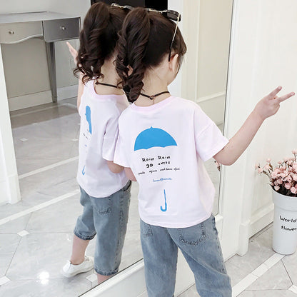 Girls T-shirt 2024 summer new style girls round neck short-sleeved T-shirt children's printed loose top pullover trend