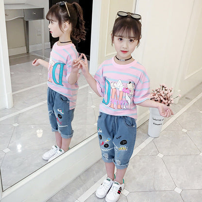 Girls short-sleeved T-shirt 2024 new summer clothes for children, middle and large children, fashionable T-shirt pullover knitted cotton sweater tops