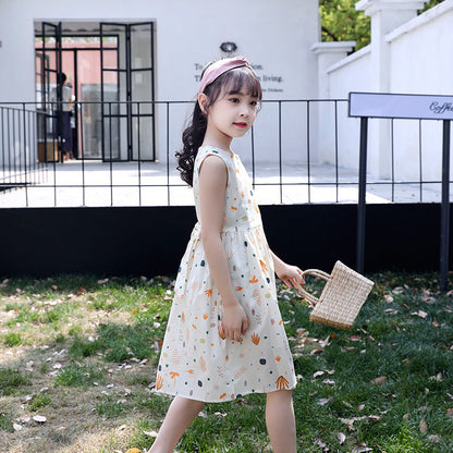 2024 summer new girls dress vest skirt floral cotton skirt print middle and large children cotton princess skirt trend