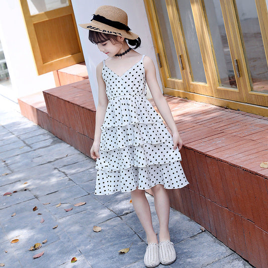 Girls chiffon dress 2024 new summer floral stylish children's beach dress vest long dress trendy