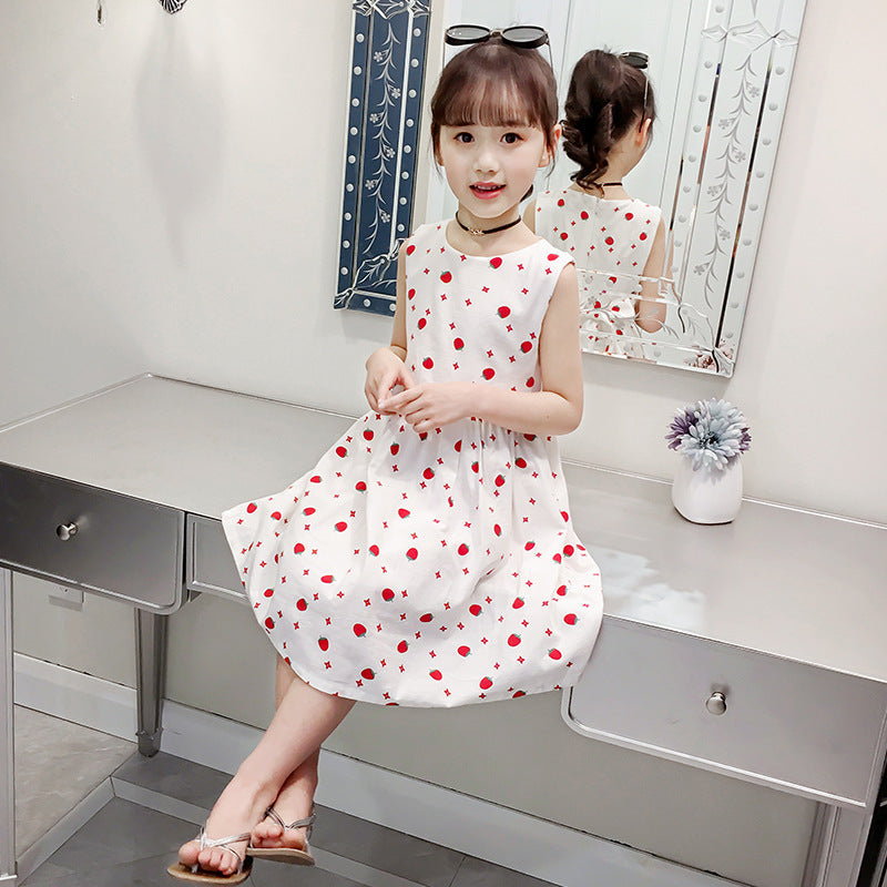 Children's Day 2024 summer new style girls cotton floral dress off-shoulder sleeveless vest dress cotton skirt