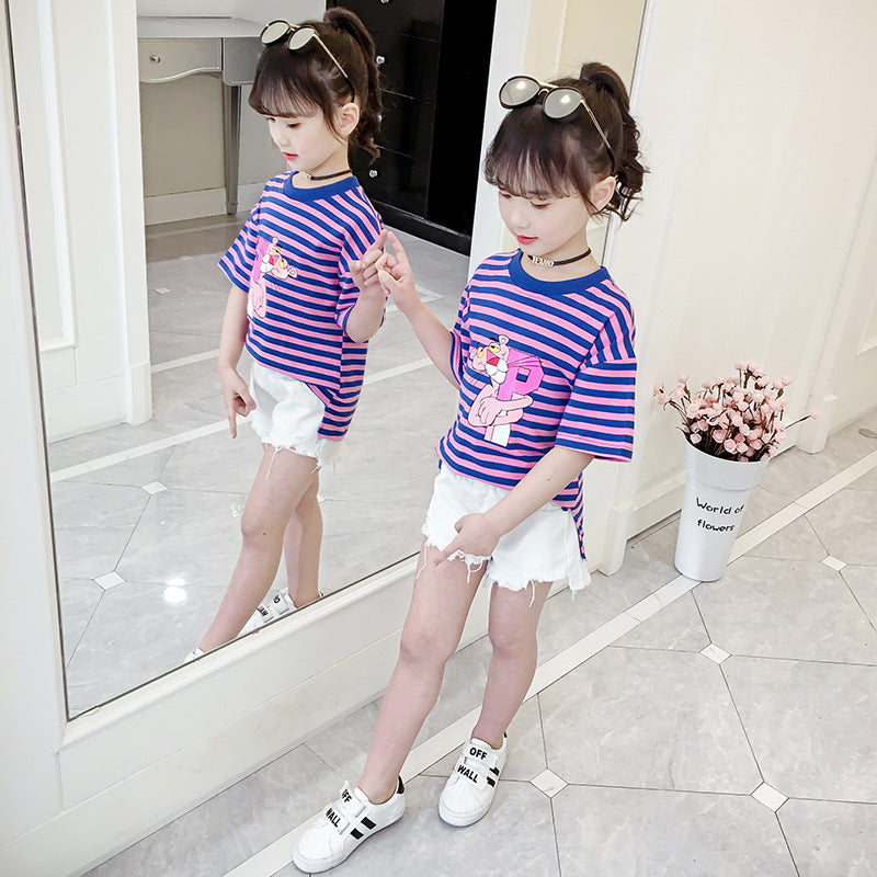 Girls short-sleeved T-shirt 2024 new summer clothes for children, middle and large children, fashionable T-shirt pullover knitted cotton sweater tops