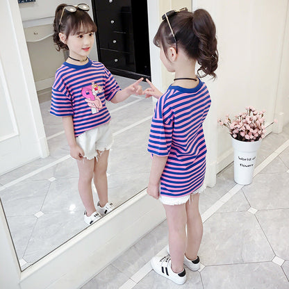 Girls short-sleeved T-shirt 2024 new summer clothes for children, middle and large children, fashionable T-shirt pullover knitted cotton sweater tops