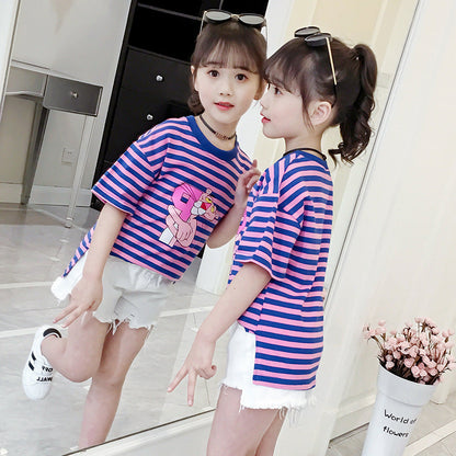 Girls short-sleeved T-shirt 2024 new summer clothes for children, middle and large children, fashionable T-shirt pullover knitted cotton sweater tops