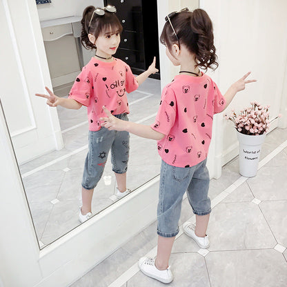 Girls T-shirt 2024 new summer clothes for middle and large children's stylish short-sleeved tops for girls cartoon loose printed T-shirt trend