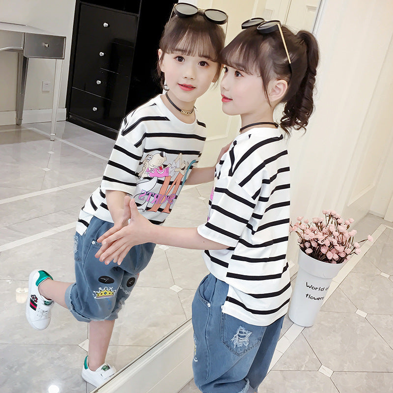 Girls short-sleeved T-shirt 2024 new summer clothes for children, middle and large children, fashionable T-shirt pullover knitted cotton sweater tops