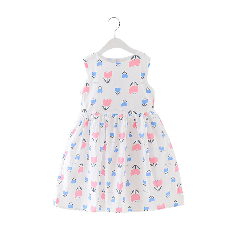 Girls dress 2024 summer new vest dress floral cotton dress print medium and large children's cotton princess dress trend