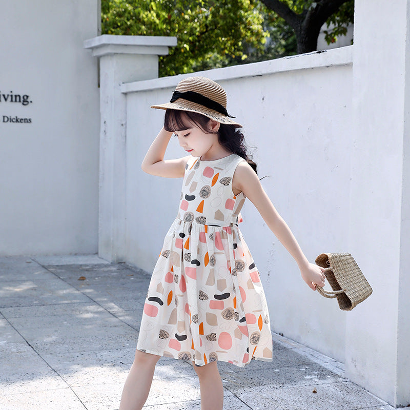 Children's Day Girls 2024 Summer New Cotton Floral Dress Off-shoulder Sleeveless Vest Dress Cotton Skirt