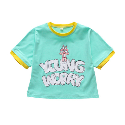 Girls T-shirt 2024 new summer wear for middle and large children round neck short-sleeved T-shirt cartoon girl contrast color cute top trend