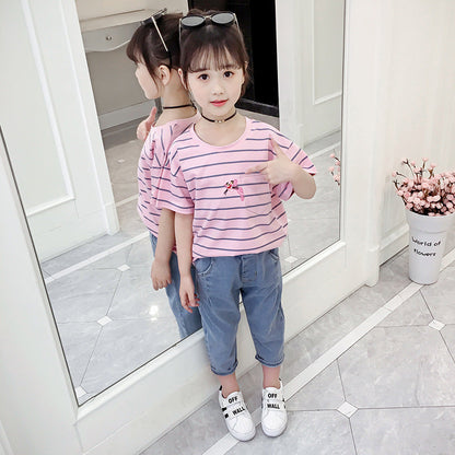 Girls short-sleeved T-shirt 2024 new summer clothes for children, middle and large children, fashionable T-shirt pullover knitted cotton sweater tops