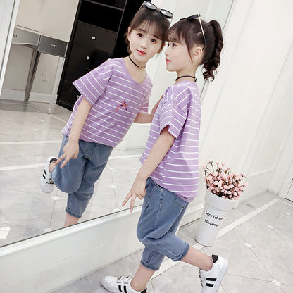 Girls short-sleeved T-shirt 2024 new summer clothes for children, middle and large children, fashionable T-shirt pullover knitted cotton sweater tops