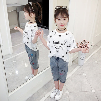 Girls T-shirt 2024 new summer clothes for middle and large children's stylish short-sleeved tops for girls cartoon loose printed T-shirt trend