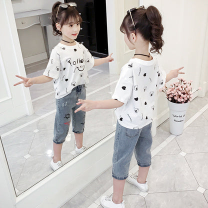 Girls T-shirt 2024 new summer clothes for middle and large children's stylish short-sleeved tops for girls cartoon loose printed T-shirt trend