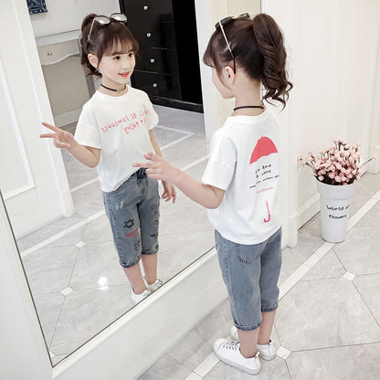 Girls T-shirt 2024 summer new style girls round neck short-sleeved T-shirt children's printed loose top pullover trend