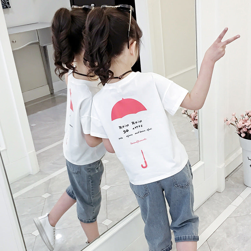 Girls T-shirt 2024 summer new style girls round neck short-sleeved T-shirt children's printed loose top pullover trend