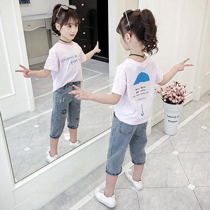 Girls T-shirt 2024 summer new style girls round neck short-sleeved T-shirt children's printed loose top pullover trend