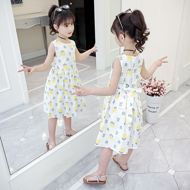 Children's Day 2024 summer new style girls cotton floral dress off-shoulder sleeveless vest dress cotton skirt