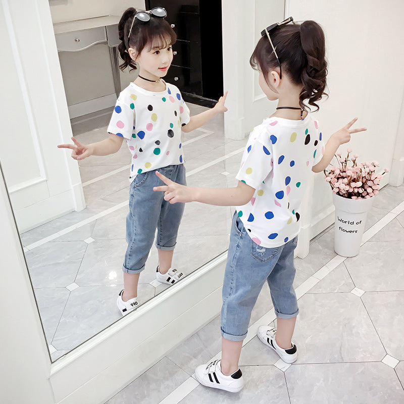 Girls short-sleeved T-shirts 2024 new summer clothes for middle and large children's tops loose girls' stylish T-shirts pullovers