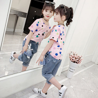 Girls short-sleeved T-shirts 2024 new summer clothes for middle and large children's tops loose girls' stylish T-shirts pullovers