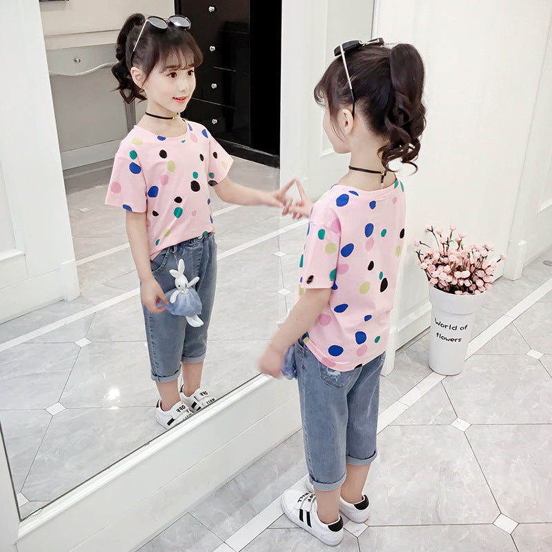 Girls short-sleeved T-shirts 2024 new summer clothes for middle and large children's tops loose girls' stylish T-shirts pullovers