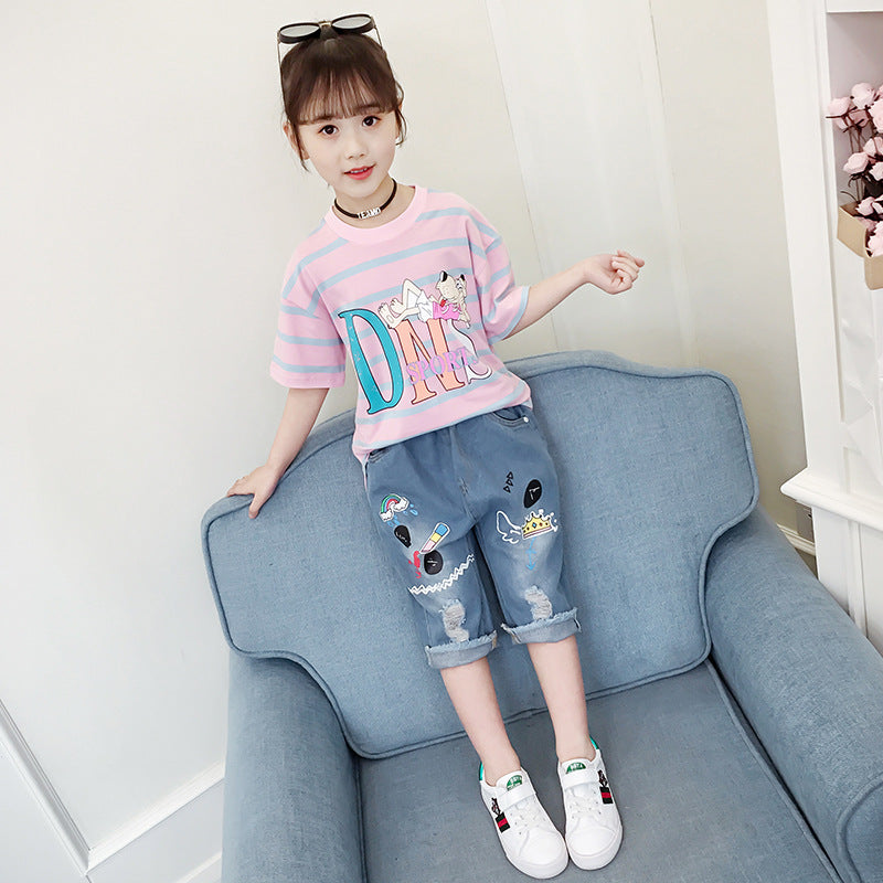 Girls short-sleeved T-shirt 2024 new summer clothes for children, middle and large children, fashionable T-shirt pullover knitted cotton sweater tops