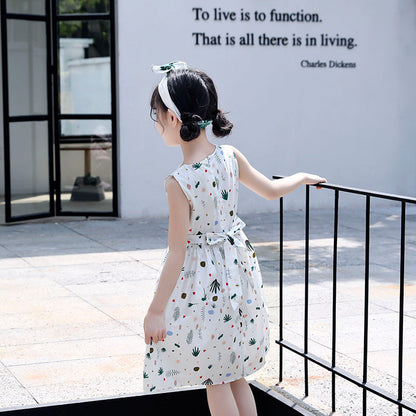 Children's Day Girls 2024 Summer New Cotton Floral Dress Off-shoulder Sleeveless Vest Dress Cotton Skirt