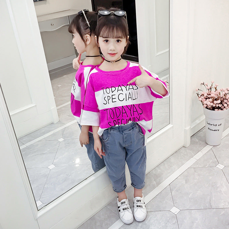 Girls short-sleeved T-shirt 2024 new summer clothes for middle and large children loose cotton and linen T-shirt fashionable girls striped tops trendy