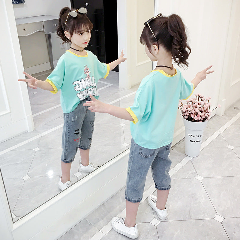 Girls T-shirt 2024 new summer wear for middle and large children round neck short-sleeved T-shirt cartoon girl contrast color cute top trend