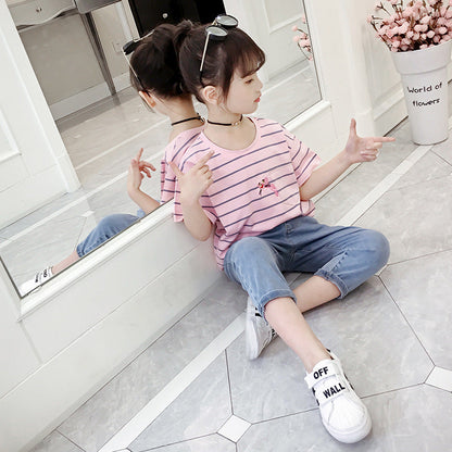 Girls short-sleeved T-shirt 2024 new summer clothes for children, middle and large children, fashionable T-shirt pullover knitted cotton sweater tops