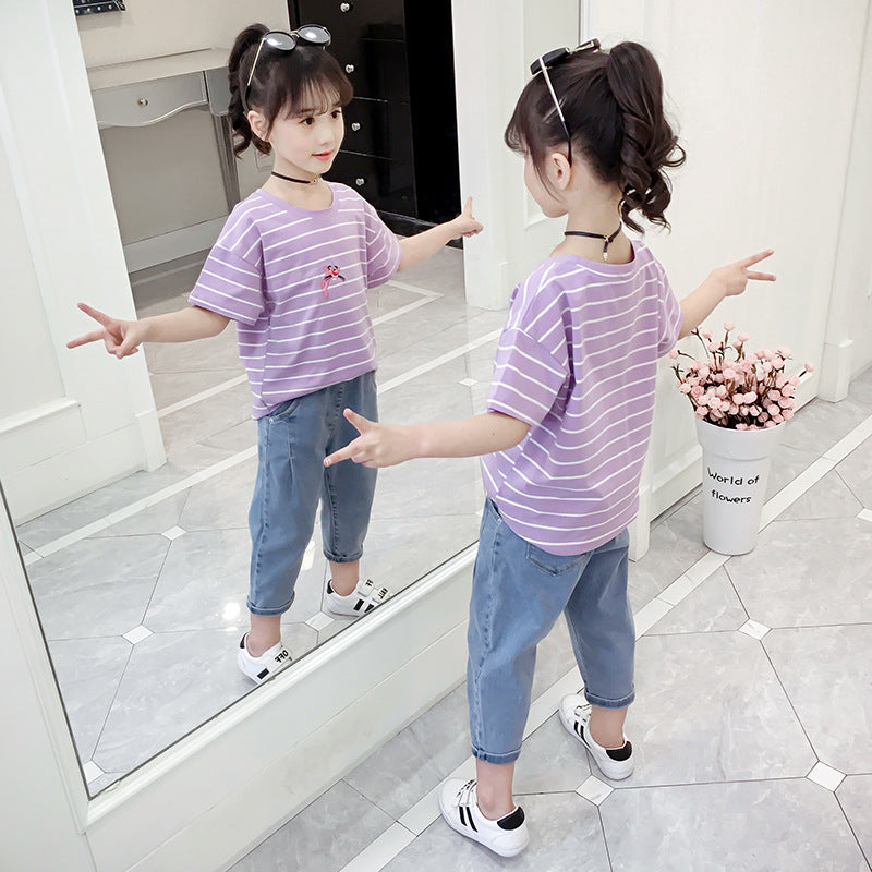 Girls short-sleeved T-shirt 2024 new summer clothes for children, middle and large children, fashionable T-shirt pullover knitted cotton sweater tops