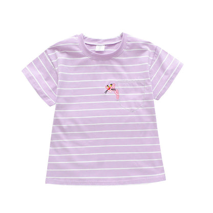 Girls short-sleeved T-shirt 2024 new summer clothes for children, middle and large children, fashionable T-shirt pullover knitted cotton sweater tops