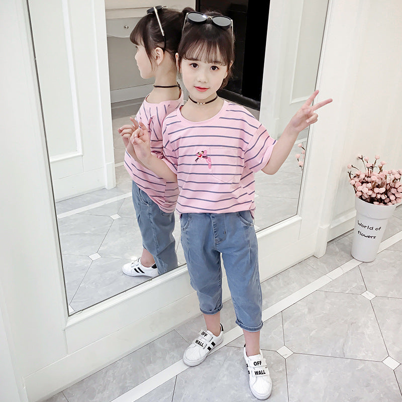 Girls short-sleeved T-shirt 2024 new summer clothes for children, middle and large children, fashionable T-shirt pullover knitted cotton sweater tops