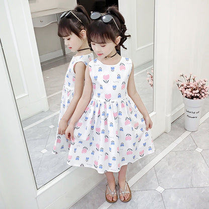 Children's Day 2024 summer new style girls cotton floral dress off-shoulder sleeveless vest dress cotton skirt