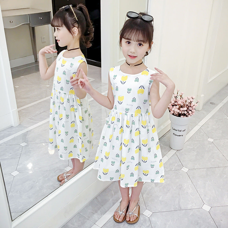 2024 summer new vest dress floral cotton dress print middle and large children's cotton princess dress trendy girl dress