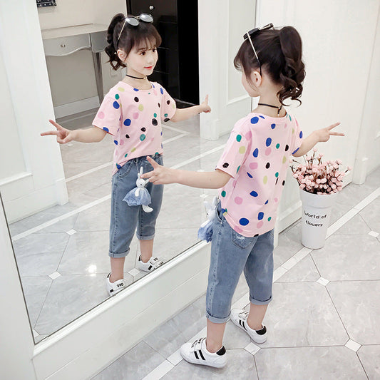 Girls short-sleeved T-shirts 2024 new summer clothes for middle and large children's tops loose girls' stylish T-shirts pullovers