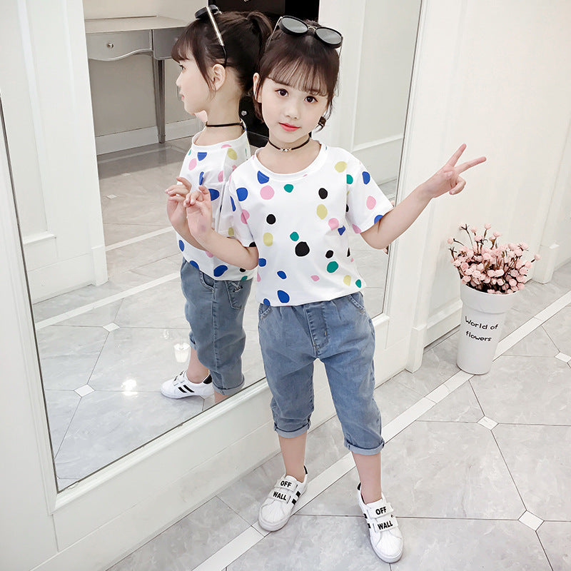 Girls short-sleeved T-shirts 2024 new summer clothes for middle and large children's tops loose girls' stylish T-shirts pullovers