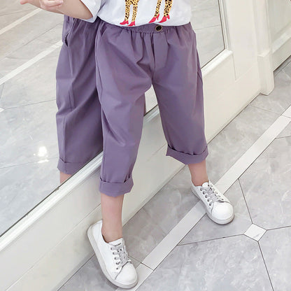 Girls' cropped trousers 2024 new summer style cotton half pants daddy pants carrot harem wide-leg anti-mosquito casual pants