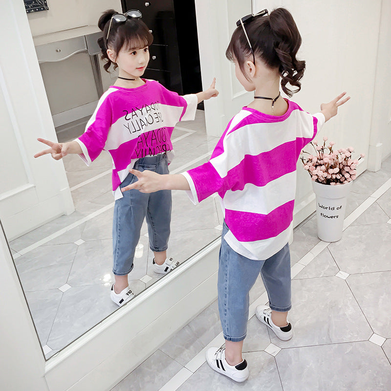 Girls short-sleeved T-shirt 2024 new summer clothes for middle and large children loose cotton and linen T-shirt fashionable girls striped tops trendy