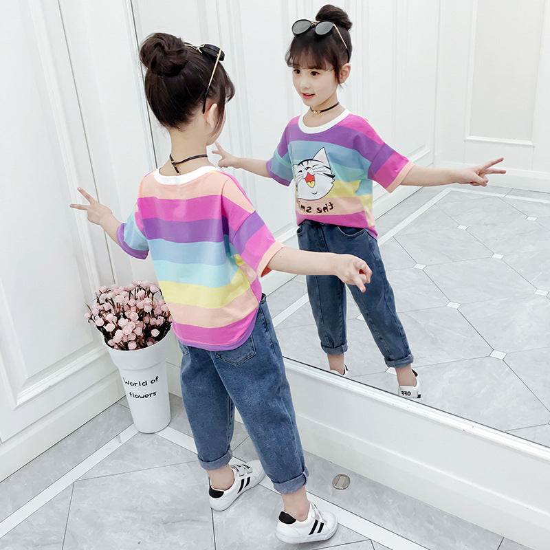 Girls short-sleeved T-shirt 2024 new summer clothes for children, middle and large children, fashionable T-shirt pullover knitted cotton sweater tops