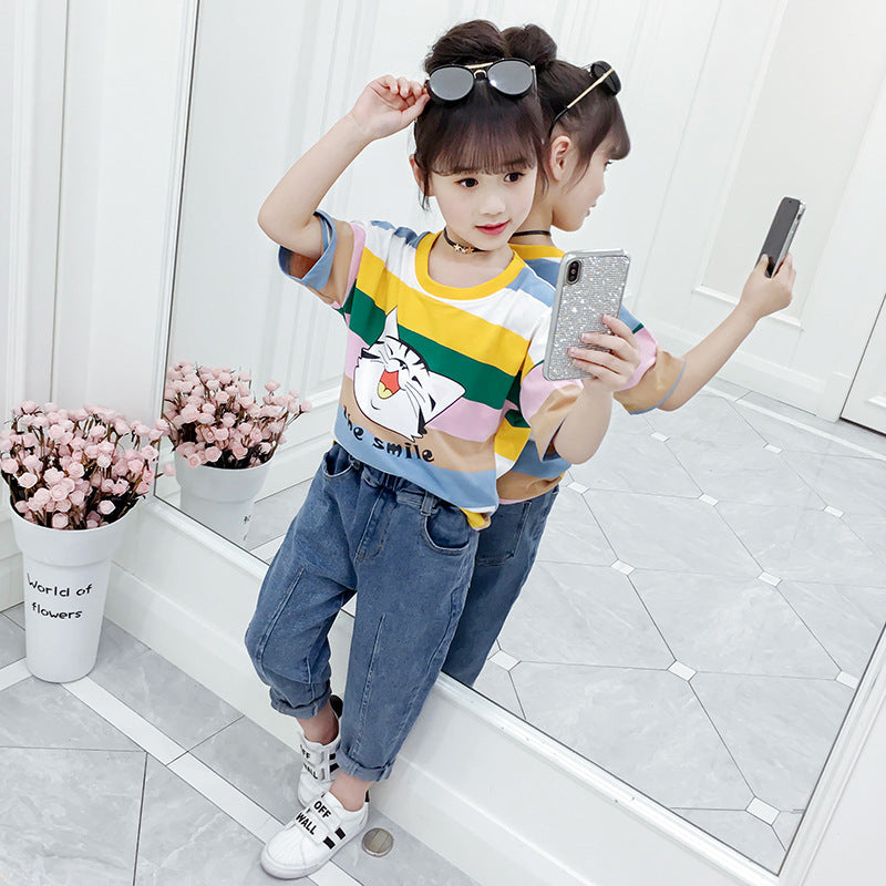 Girls short-sleeved T-shirt 2024 new summer clothes for children, middle and large children, fashionable T-shirt pullover knitted cotton sweater tops