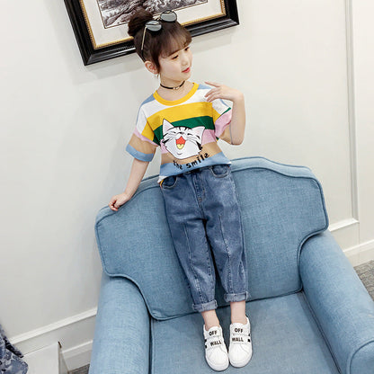 Girls short-sleeved T-shirt 2024 new summer clothes for children, middle and large children, fashionable T-shirt pullover knitted cotton sweater tops