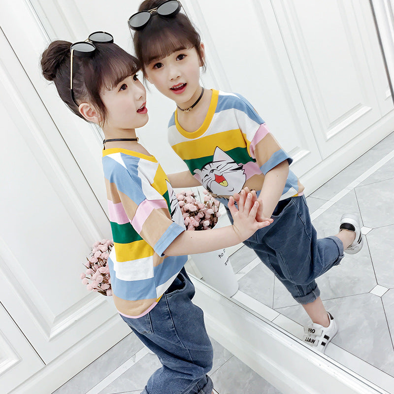 Girls short-sleeved T-shirt 2024 new summer clothes for children, middle and large children, fashionable T-shirt pullover knitted cotton sweater tops